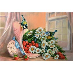 Bird and Flowers Strawberry in Hat Window Still Life Russia Modern Postcard