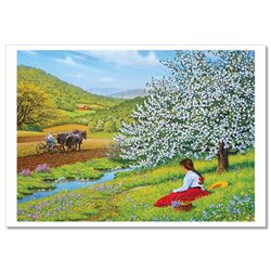 Girl on a flowered field Country Life Cillage Farm Landscape Russian Postcard