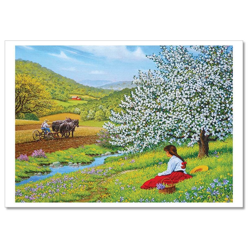 Girl on a flowered field Country Life Cillage Farm Landscape Russian Postcard