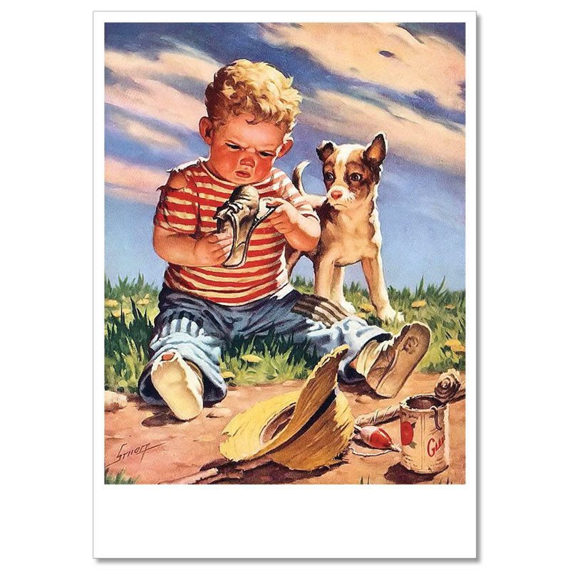 LITTLE BOY with shoe trouble Dog Comic Humor Russian Modern Postcard