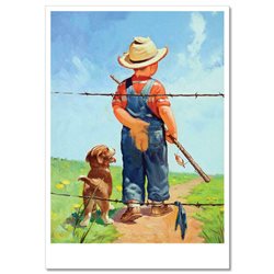 LITTLE BOY with Dog Puppy go fishing Rod Humor Russian Modern Postcard
