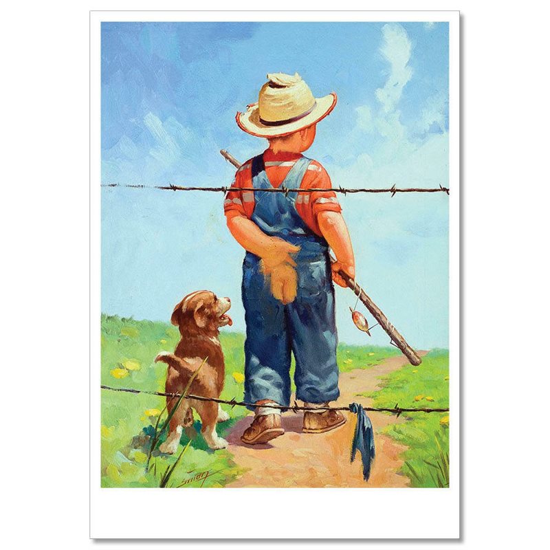 LITTLE BOY with Dog Puppy go fishing Rod Humor Russian Modern Postcard