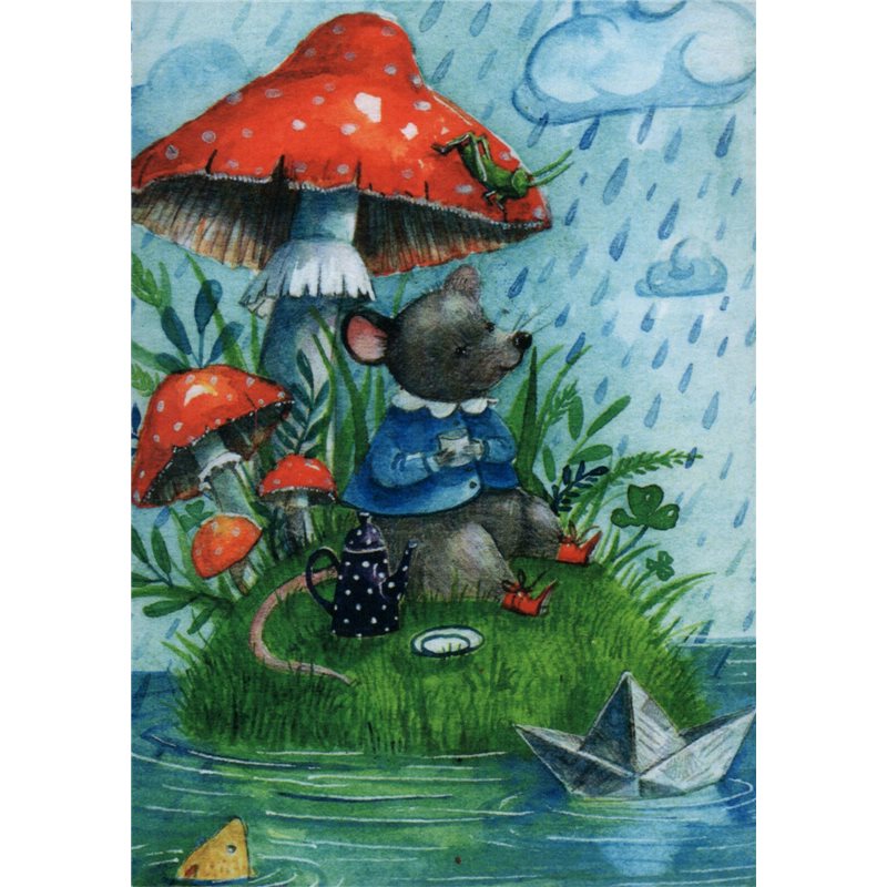 MOUSE Mice Mushroom Tea Party Time by Yana Fefelova Russian Modern Postcard