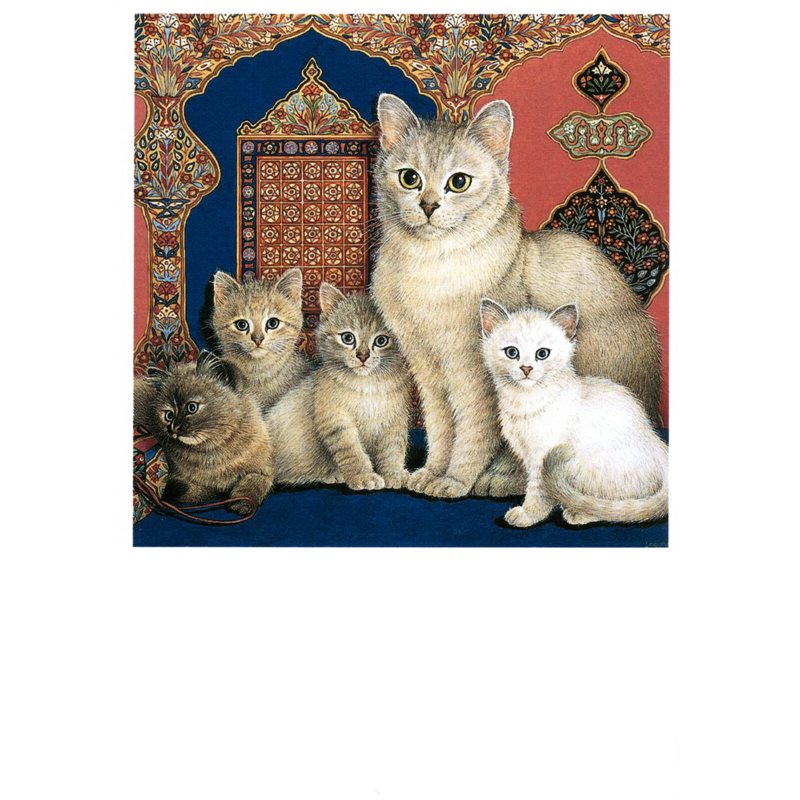 CAT Mom with Kittens Oriental Pattern by Ivory NEW Russian Postcard