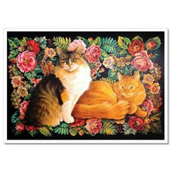 RED CAT and Fluffy on Floral Pattern Design by Ivory NEW Russian Postcard