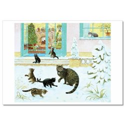 CAT and Kittens play in Snow Garden Outside by Ivory NEW Russian Postcard