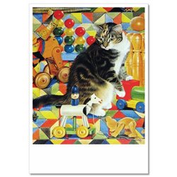 Cute CAT play with Wooden Toys Horse Bear by Ivory NEW Russian Postcard
