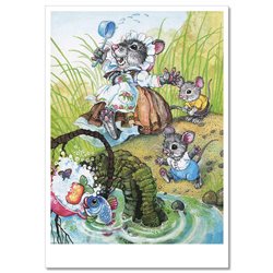 Mouse Mom with Mice near River FUNNY Fish NEW Russian Child Tale Postcard