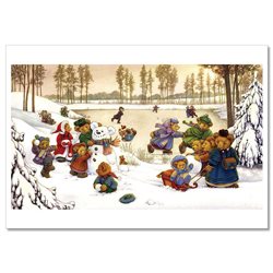 TEDDY BEAR skate on Ice Rink make a snowman Winter NEW Russian Postcard