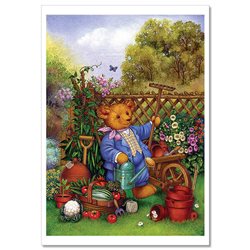 TEDDY BEAR Gardener in Garden NEW Russian Postcard