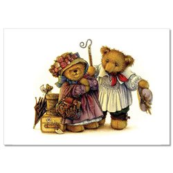 TEDDY BEAR Lady with luggage and Man NEW Russian Postcard