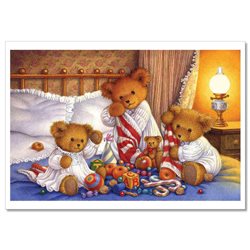 TEDDY BEAR play TOYS on the bed NEW Russian Postcard