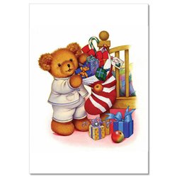 TEDDY BEAR Boy with Christmas Gifts TOYS in Sock NEW Russian Postcard