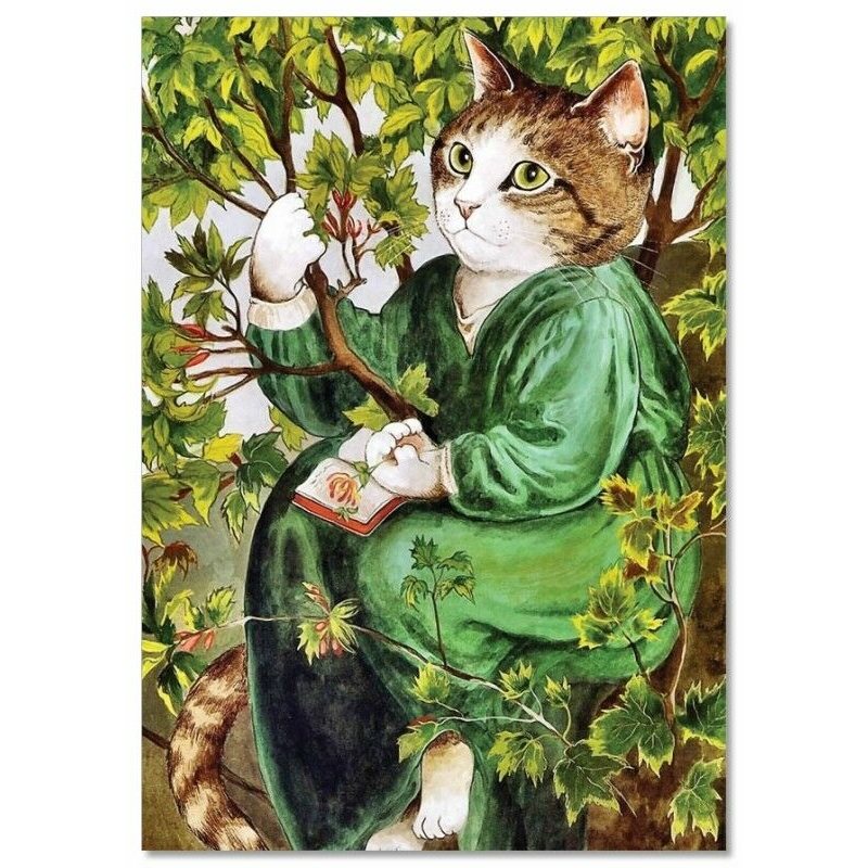 CAT LADY with Book on Tree in Garden by Susan Herbert NEW Russian Postcard
