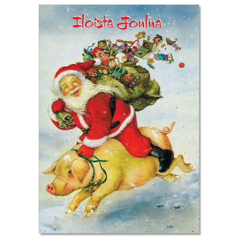 SANTA CLAUS riding a PIG Gifts Christmas Funny Comic by Lisi Martin NEW postcard