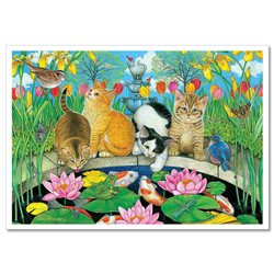 CAT Kitten and frog near the fountain Garden Bird Cute Russian Modern Postcard
