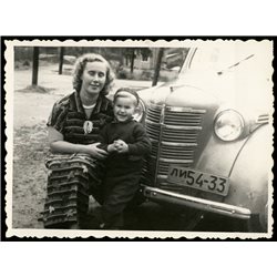 1950s LITTLE BOY in Costume with Woman Classic Soviet Car Russian vintage photo