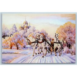 RUSSIAN TROIKA Horse carriage CHURCH Winter Snow Art Life Russia Modern Postcard