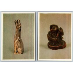 RARE LOT 16 Set ANTIQUE JAPANESE NETSUKE monkey Cock sculpture SET Old Postcards