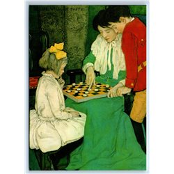 LITTLE GIRL & BOYS play checkers Game by Smith New Unposted Postcard