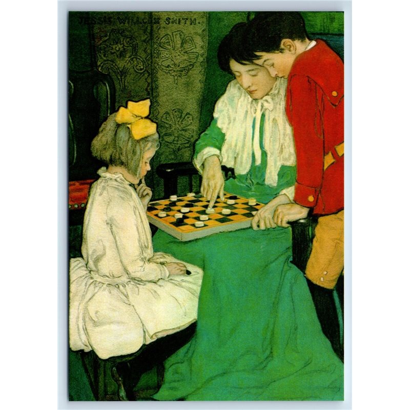 LITTLE GIRL & BOYS play checkers Game by Smith New Unposted Postcard
