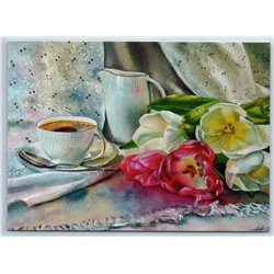 COFFEE Still life with Tulips CUP Tea Party New Unposted Postcard