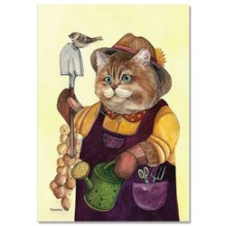 CATS ART ~ CAT gardener with a watering can Bird Russian MODERN Postcard