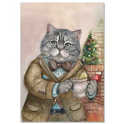 CATS ART ~ CAT gray Murcia Oscar by the fireplace Russian MODERN Postcard