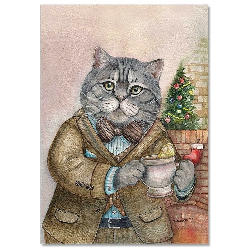 CATS ART ~ CAT gray Murcia Oscar by the fireplace Russian MODERN Postcard