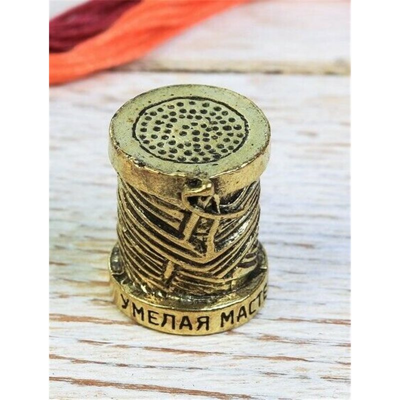 Thimble SPOOL OF THREAD with needle Solid Brass Metal Russian Souvenir Collection