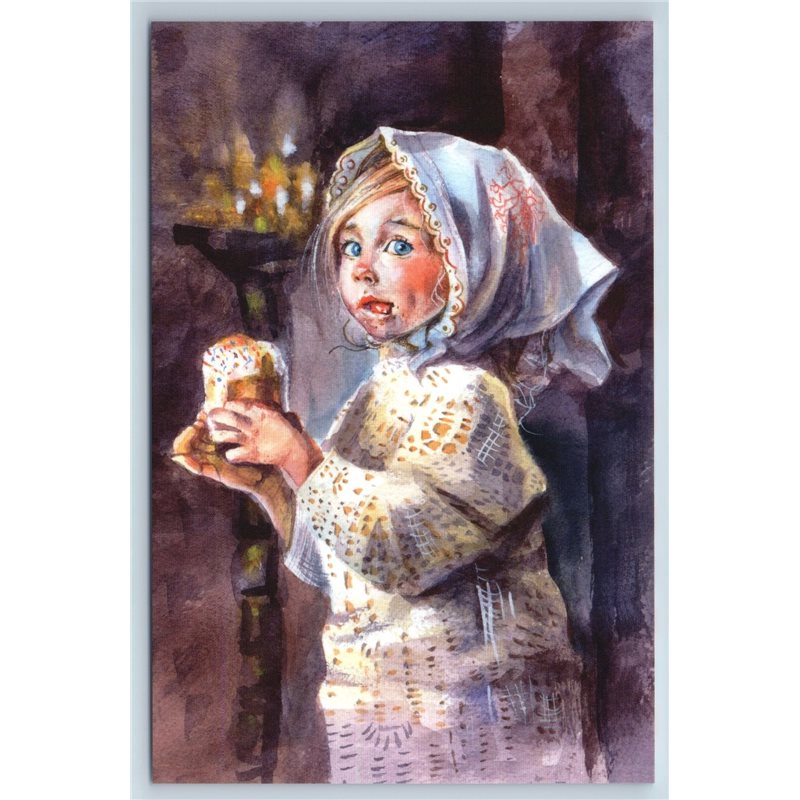 FUNNY LITTLE GIRL in Shawl with Easter Cake Russian Modern Postcard