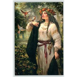 DUBRAVNA Woman in Forest Birds Ethnic Slavic Rus Russian Modern postcard