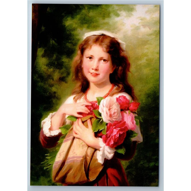 LITTLE GIRL with Bouquet of Rose Peasant New Unposted Postcard