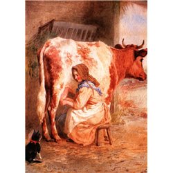 LITTLE GIRL milking a cow Peasant milkmaid New Unposted Postcard