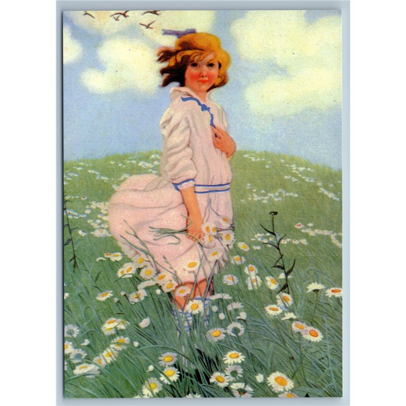 LITTLE GIRL in sailor costume on field of daisies New Unposted Postcard