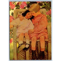 LITTLE GIRL & BOY in Garden Sister Brother New Unposted Postcard