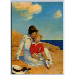 LITTLE BOY with Woman Mom near SEA Coast Beach New Unposted Postcard
