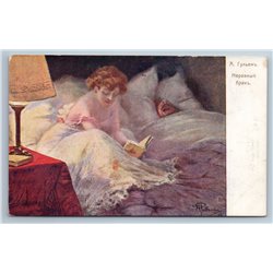 1900's WOMAN w/ BOOK in bed Husband misalliance  Imperial Russia Postcard