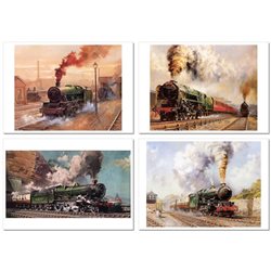 LOCOMOTIVE Train Railroad Railway Station by Alan Fearnley SET of 28 Postcards