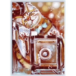 RED CAT with Old Photo Camera by Loginova New Unposted Postcard