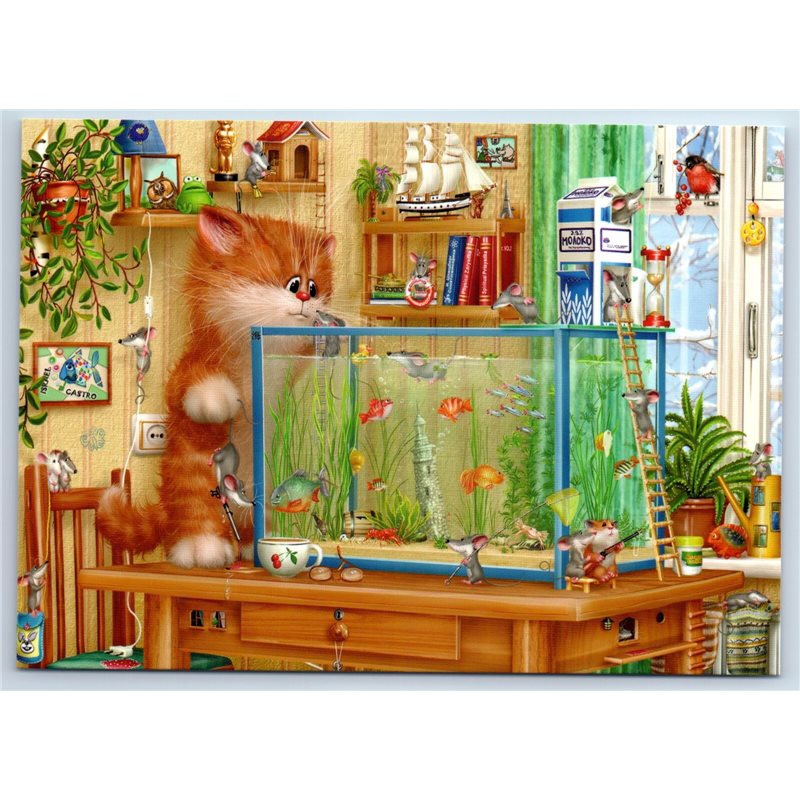 RED CAT and gold fish in aquarium Mice Funny New Unposted Postcard
