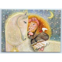 LITTLE GIRL ANGEL on white Horse Fantasy by Olkhovskaya New Unposted Postcard