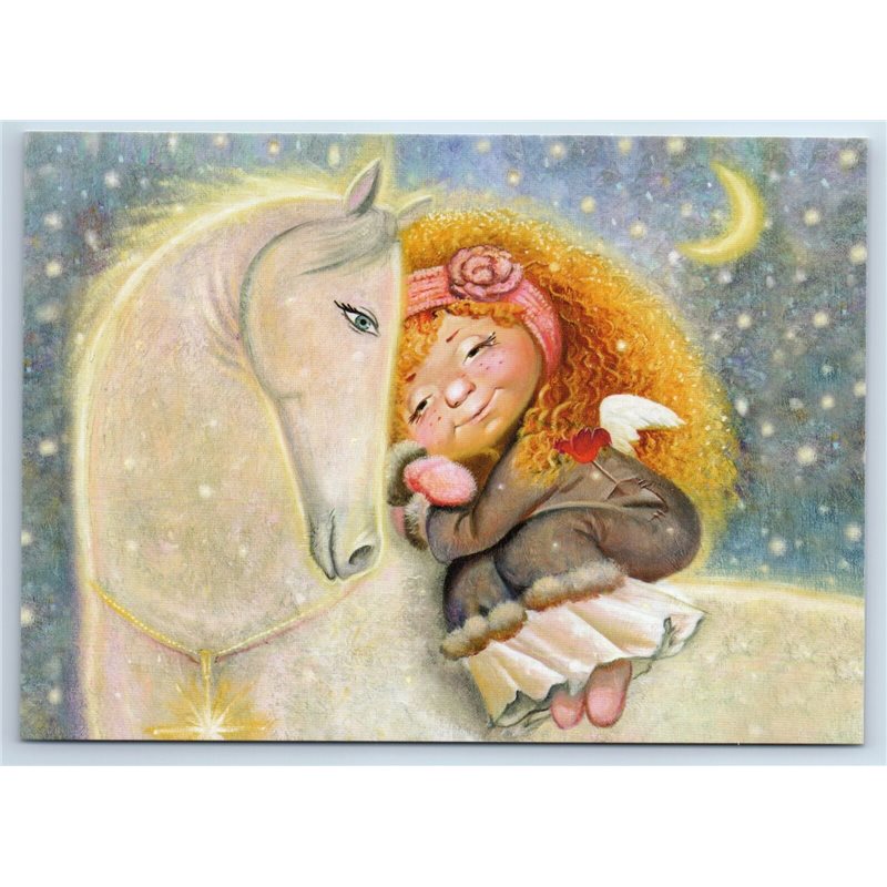 LITTLE GIRL ANGEL on white Horse Fantasy by Olkhovskaya New Unposted Postcard