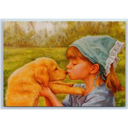 LITTLE GIRL kiss PUPPY Dog Friends Peasant New Unposted Postcard