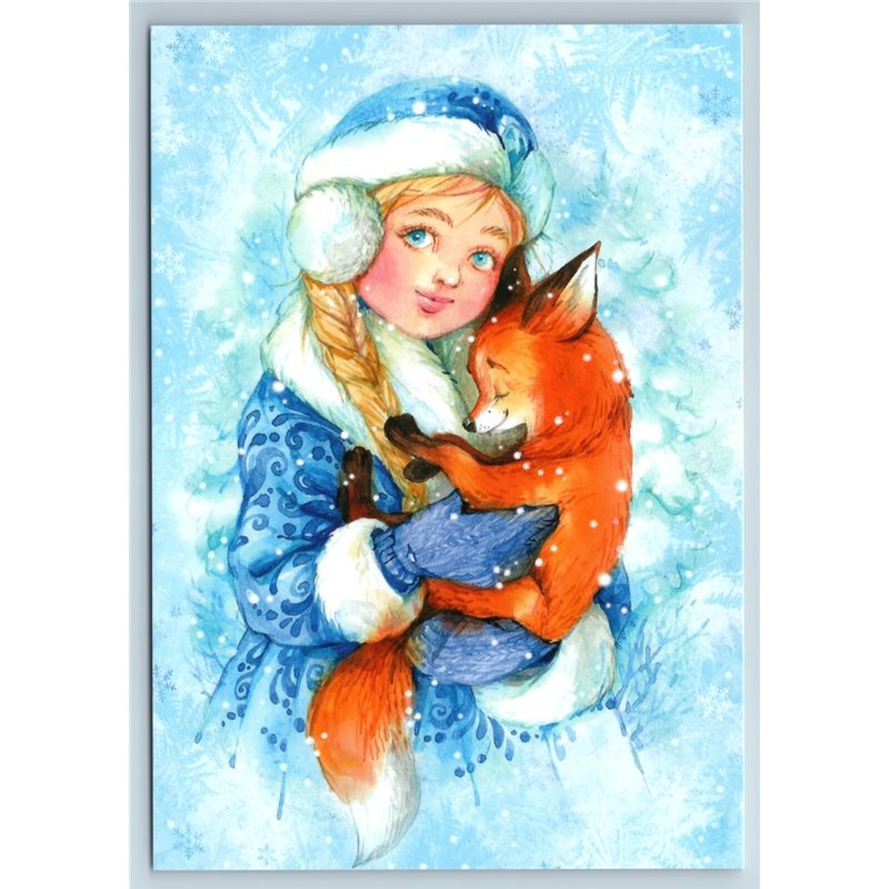 LITTLE GIRL & Red FOX Hugs Friends Snow Maiden New Unposted Postcard