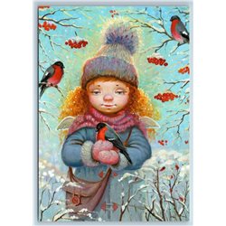 LITTLE GIRL & Bullfinches Birds Winter Forest New Unposted Postcard