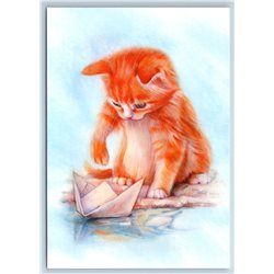 FUNNY RED KITTEN Cat play with Paper Boat New Unposted Postcard