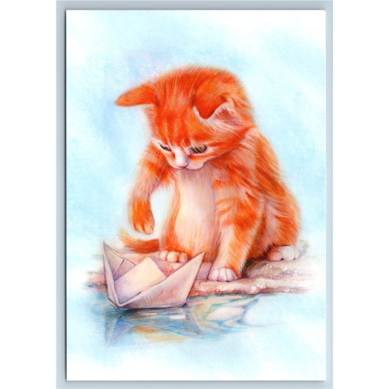 FUNNY RED KITTEN Cat play with Paper Boat New Unposted Postcard