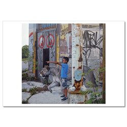 LITTLE BOY with Lioness abandoned building New Unposted Postcard