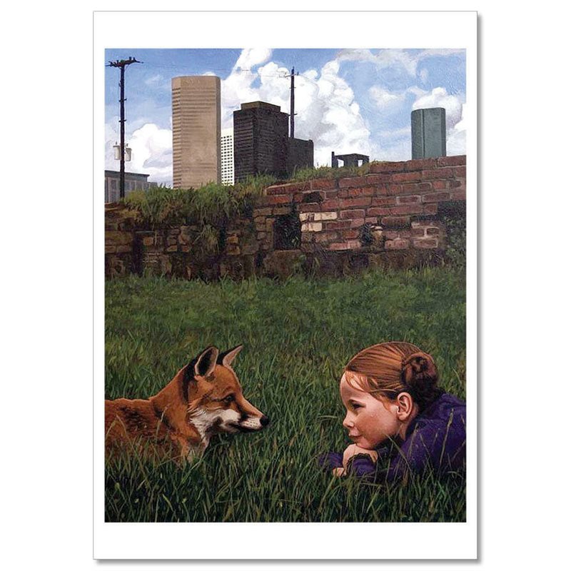 LITTLE GIRL with RED FOX in City Landscape New Unposted Postcard